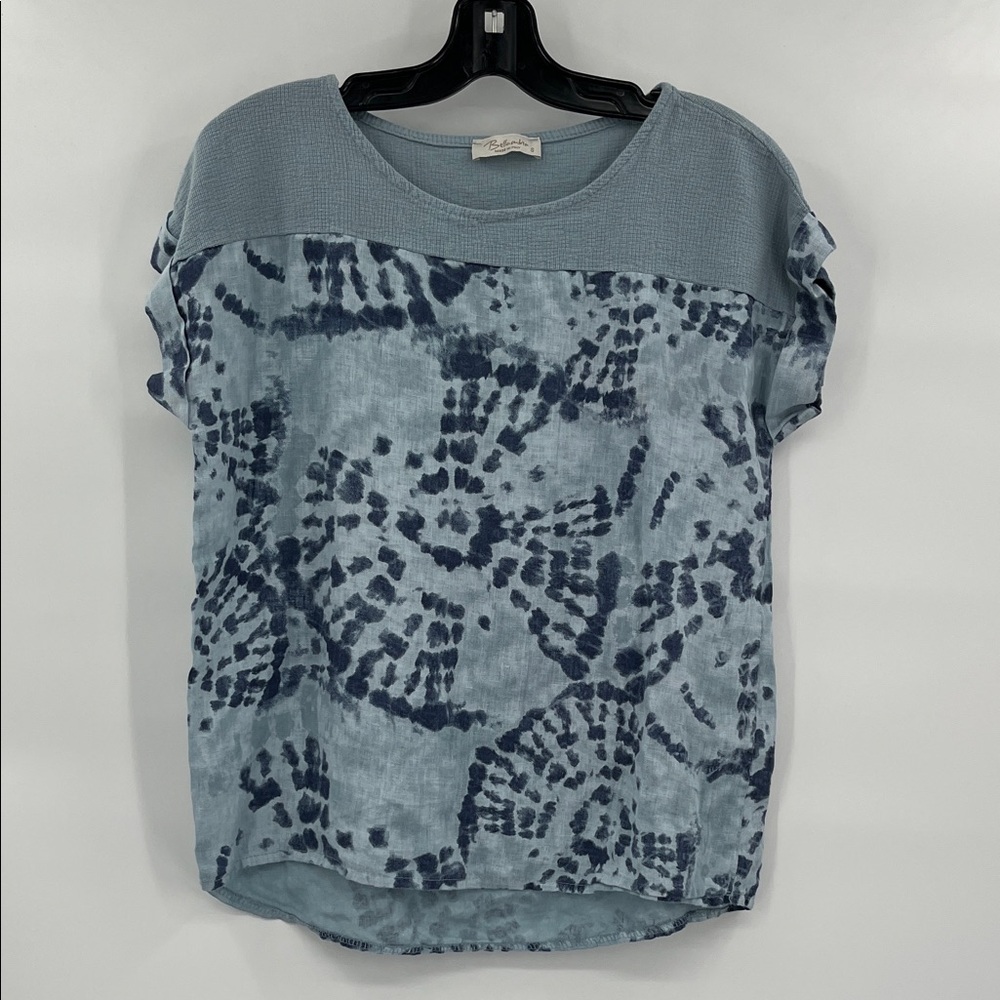 Bellambia 100% Linen 100%Cotton Elegant Blue Tie-Dye Women's Short Sleeve Top